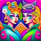 Symmetrical female figures with fish and floral motifs in vibrant digital art