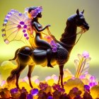 Stylized image of elegant figure on horse with floral accents