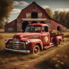 Vintage Red Pickup Truck Filled with Flowers in Front of Barn at Sunset