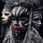 Three stylized female faces with intricate adornments and contrasting expressions against a dark background.