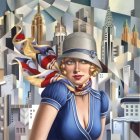 Blonde Woman Portrait with Red Lips and Blue Dress in Art Deco Cityscape