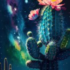 Colorful cacti with neon outlines on dark background