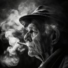 Profile view of elderly person smoking cigarette.