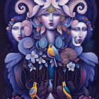 Colorful illustration of three women with gem-adorned hairstyles surrounded by birds and flowers on a dark