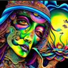 Colorful Psychedelic Art: Stylized Woman's Face with Crescent Moon