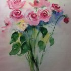 Vibrant pink roses with green leaves on pastel background.