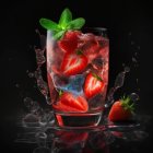 Strawberry and Mint Refreshing Drink with Ice Cubes on Dark Background