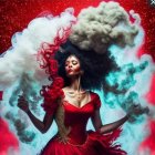 Vibrant red dress woman surrounded by colorful smoke swirls