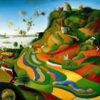 Colorful surreal landscape with rolling hills, whimsical trees, temple, and distant planets