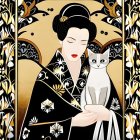 Geisha with Cat in Gold and Black Floral Setting