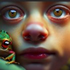 Child's face with big eyes next to colorful frog on green leaf