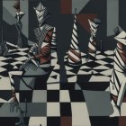 Stylized 3D Chess Set with Oversized Pieces and Decorative Patterns