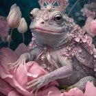 Colorful Bejeweled Frog with Crown in Pink Flower Setting