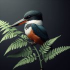 Colorful kingfisher bird perched on green fern in dark setting