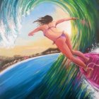 Animated woman on staff rides cresting wave with colorful garments