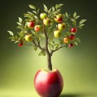 Miniature apple tree sprouting from oversized apple on green backdrop