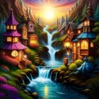 Vibrant autumn village scene with quirky houses and waterfall