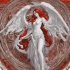 3D illustration of angel with red hair, white wings, flowing dress