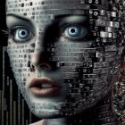 Detailed Hyper-Realistic Female Android Face with Silver and Black Mechanical Features