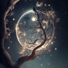 Whimsical tree branches frame glowing crescent moon in starry night sky