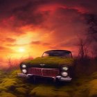 Vintage car covered in moss under dramatic sunset sky