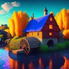 Whimsical countryside scene with blue-roofed cottage, autumn trees, cart, bridge, and