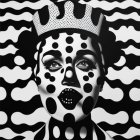 Surreal portrait with black and white patterns, blue eyes, and vivid blue lips