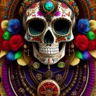 Colorful Jeweled Skull Surrounded by Flowers and Patterns