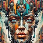 Symmetrical digital art: stylized human face with metallic tones.