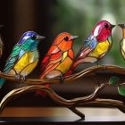 Vibrant Lego birds on branch against tropical background