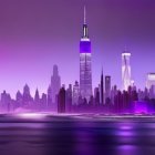 Futuristic city skyline with reflective skyscrapers and neon glow under purple-tinted clouds