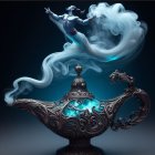 Ornate magical lamp with mystical blue smoke genie on dark backdrop