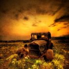 Vintage Car in Surreal Colorful Landscape with Rolling Hills