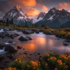 Golden light illuminates majestic mountain peaks and a tranquil river with vibrant yellow flowers.