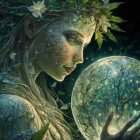 Illustration of woman with glowing skin holding radiant orb in starry setting