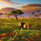 Colorful surreal landscape with lion, rolling hills, and whimsical trees