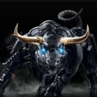 Metallic bull with golden horns in dynamic pose on dark background