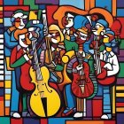 Colorful Abstract Art: Cello and Figure Among Diverse Shapes