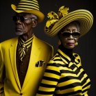 Fashionable couple in matching yellow and black striped outfits with suit and hat, striking a sophisticated pose.