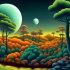 Colorful fantasy landscape with stylized trees, green moon, and star-filled sky