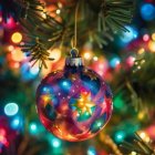 Colorful Christmas ornament hanging on tree with twinkling stars and blurry lights