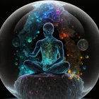 Colorful Meditating Figure in Circular Frame on Dark Background