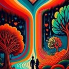 Psychedelic artwork: Two figures holding hands under rainbow vortex, celestial tree.