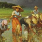 Artwork of five people in straw hats working in a green rice paddy