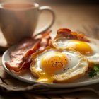 Breakfast setting with sunny side up eggs, bacon strips, and patterned cup