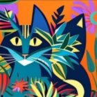 Colorful Illustration of Two Cats Among Exotic Flowers