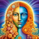 Surreal portrait of woman with orange hair, blue face, clouds, and cosmic third eye