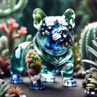 Futuristic bulldog sculpture with iridescent hues among crystal orbs and foliage