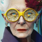 Surreal portrait of woman with yellow glasses and floral backdrop