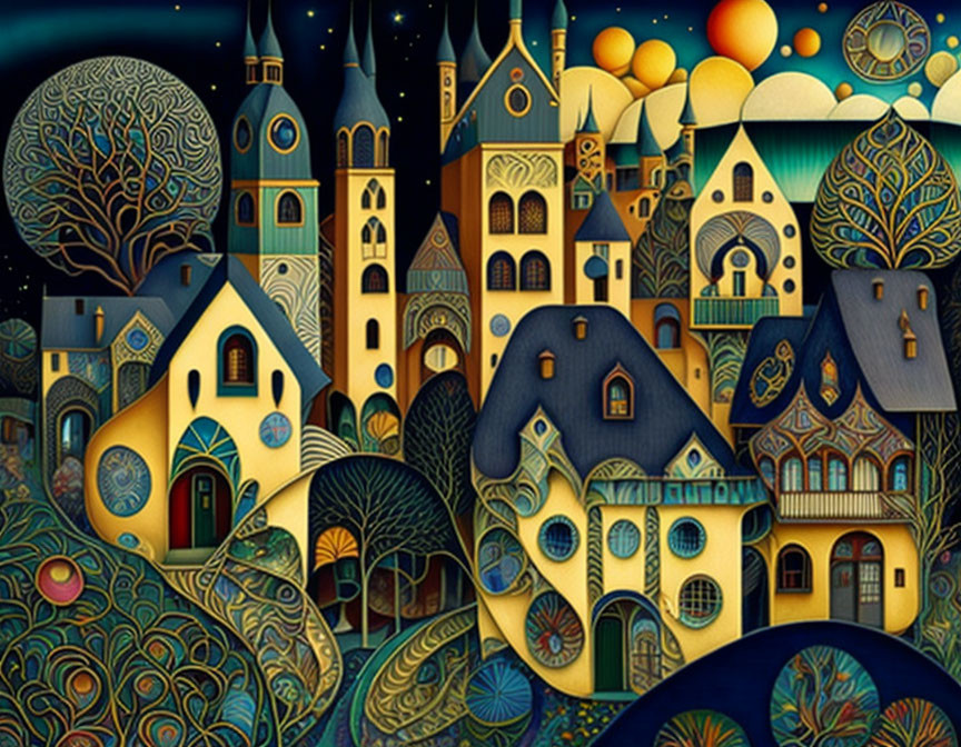 Colorful painting of whimsical houses in dreamlike landscape